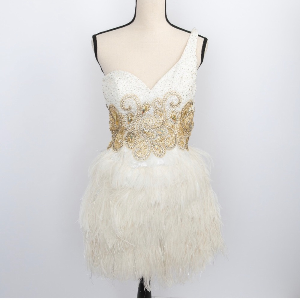 Jovani ivory short beaded formal dress with feathers, stones, & sequins size 6